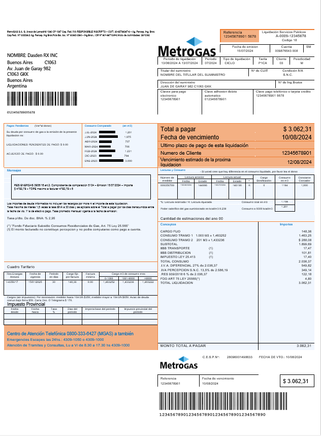 Argentina Metrogas easy to fill business utility bill template in Word and PDF format